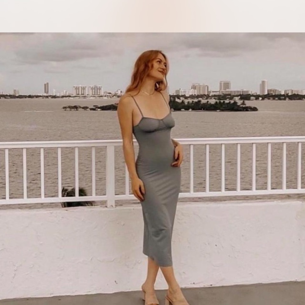 We Wore What dusty blue, spaghetti strap midi dress by Daniel Bernstein